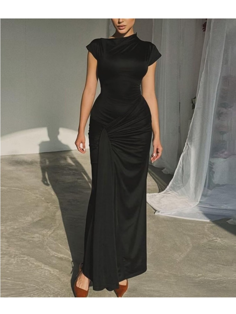 Sculpting Black Cap-Sleeve Ruched Maxi Dress